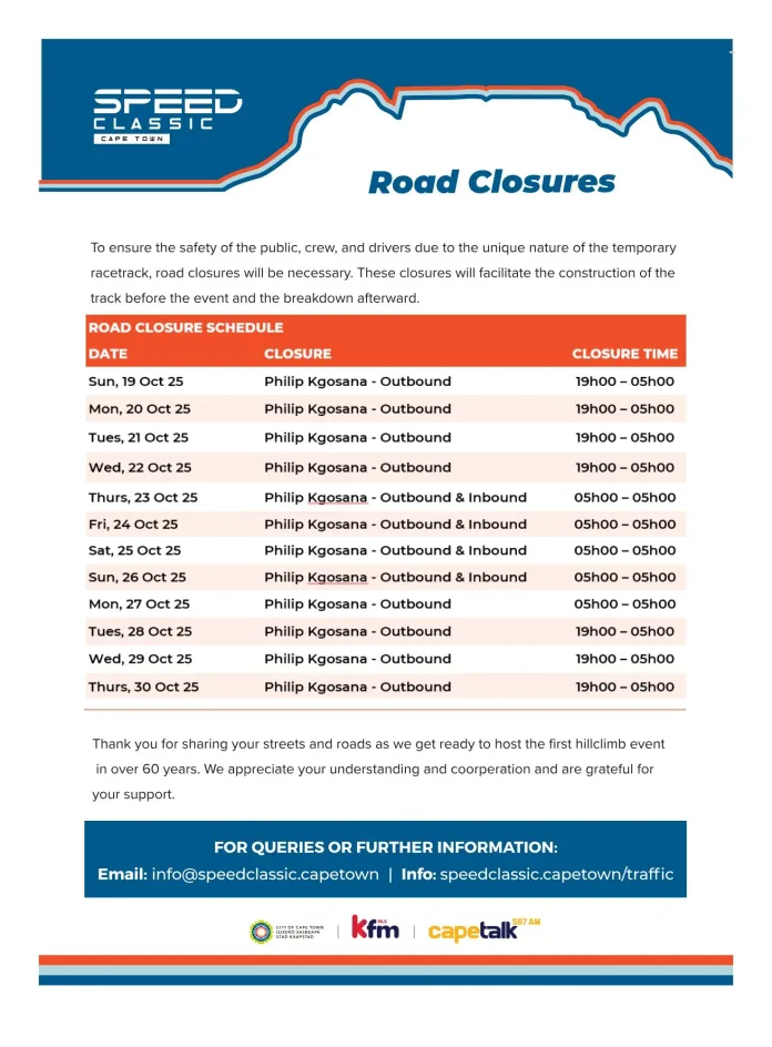 Philip Kgosana Drive to close from Thursday for Speed Classic Cape Town