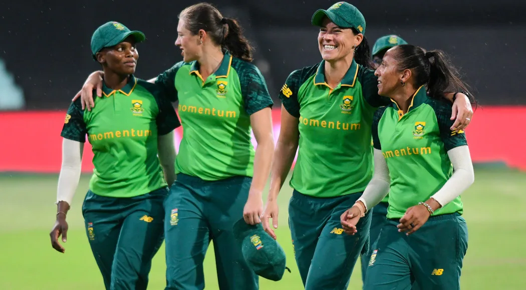 DURBAN, SOUTH AFRICA - JANUARY 31: (l-r) Nondumiso Shangase, Tazmin Brits, Marizanne Kapp and Shabnim Ismail of South Africa celebrate winning the match during the 2nd Womens T20 International match between Momentum Proteas and Pakistan Women at Hollywoodbets Kingsmead Stadium on January 31, 2021 in Durban, South Africa. (Photo by Darren Stewart/Gallo Images)