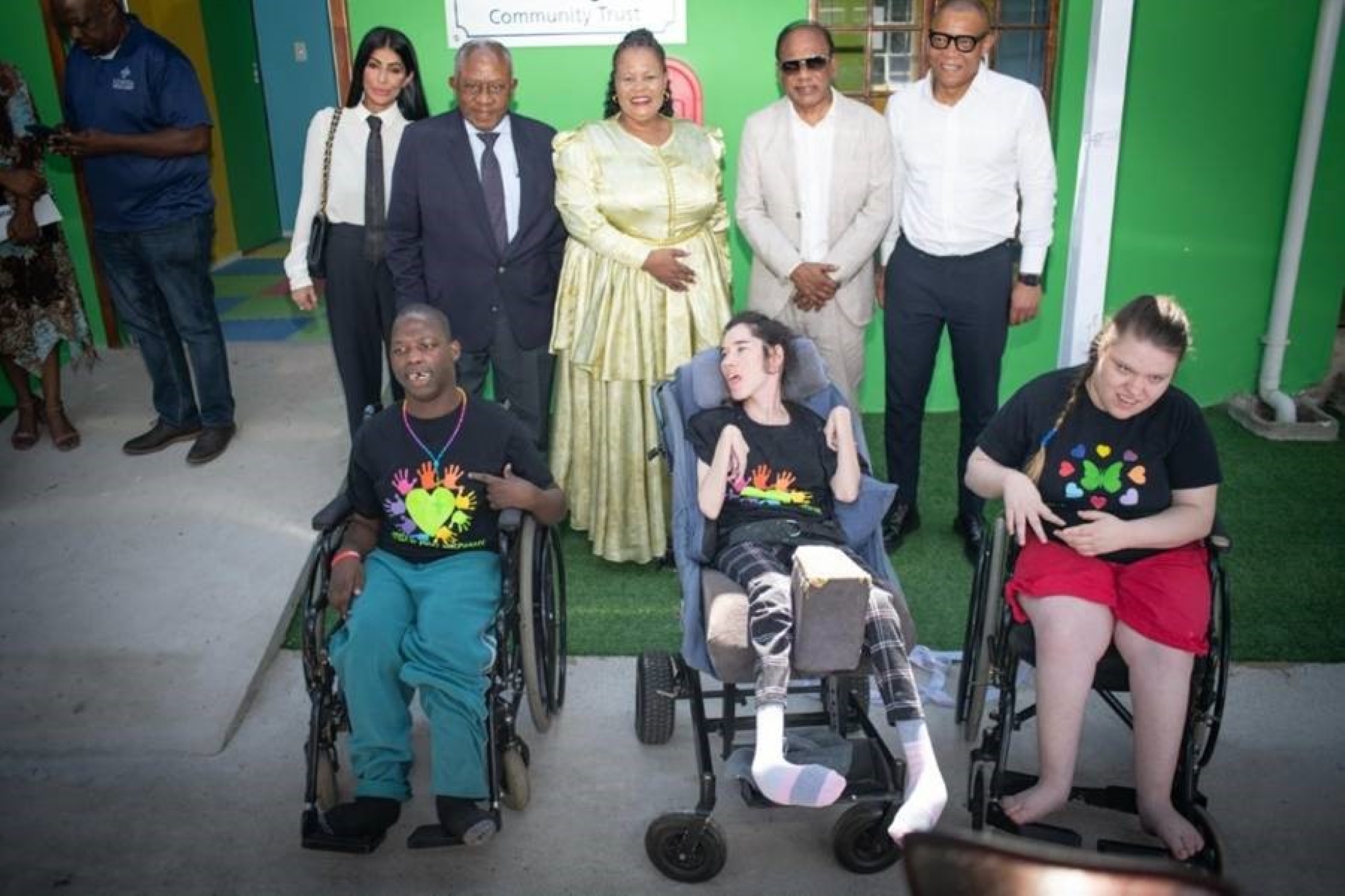 (left to right): Standing alongside some of the children from KZN Cerebral Palsy are Sorisha Naidoo; former KwaZulu-Natal judge president, Vuka Tshabalala; Founder and Chairman of Sibaya Community Trust, Vivian Reddy; MEC, KZN Department of Social Development, Mbali Shinga; and Peter Tshidi