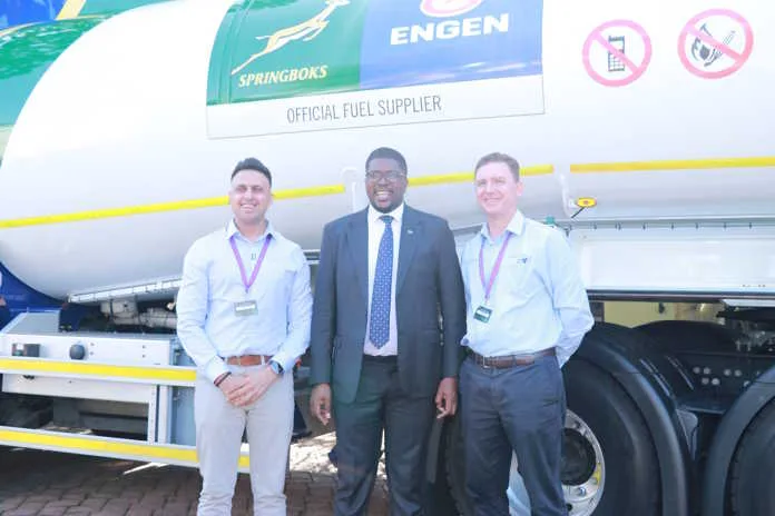 Engen Commercial General Manager Sharveen Maharaj with Deputy Minister of Transport Mkhuleko Hlengwa and Engen Lubricants General Manager Jason Heath