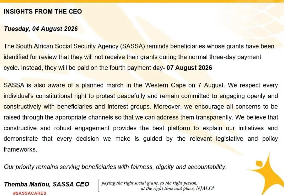SASSA Confirms Review Beneficiaries Will Receive August 2026 Payments on 7 August: What You Need to Know