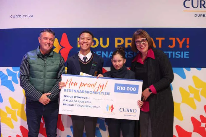 Left to right Riaan Strobel, Executive Head of Curro Durbanville; Néca Damon and Hadlii Strauss from Hoërskool Porterville; and Marí Lategan, Deputy CEO of Curro. Image supplied by Curro.