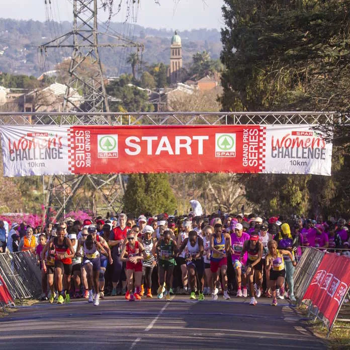 The start of the 2026 Maritzburg SPAR Women’s 10km Challenge, held in perfect running conditions on Sunday 23 August, at the Pietermaritzburg Oval Cricket Stadium. Photo by Rogan Ward.
